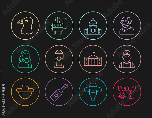 Set line Eagle, Sheriff cowboy, White House, Stage stand or tribune, Benjamin Franklin, head, United States Capitol Congress and Barbecue grill icon. Vector