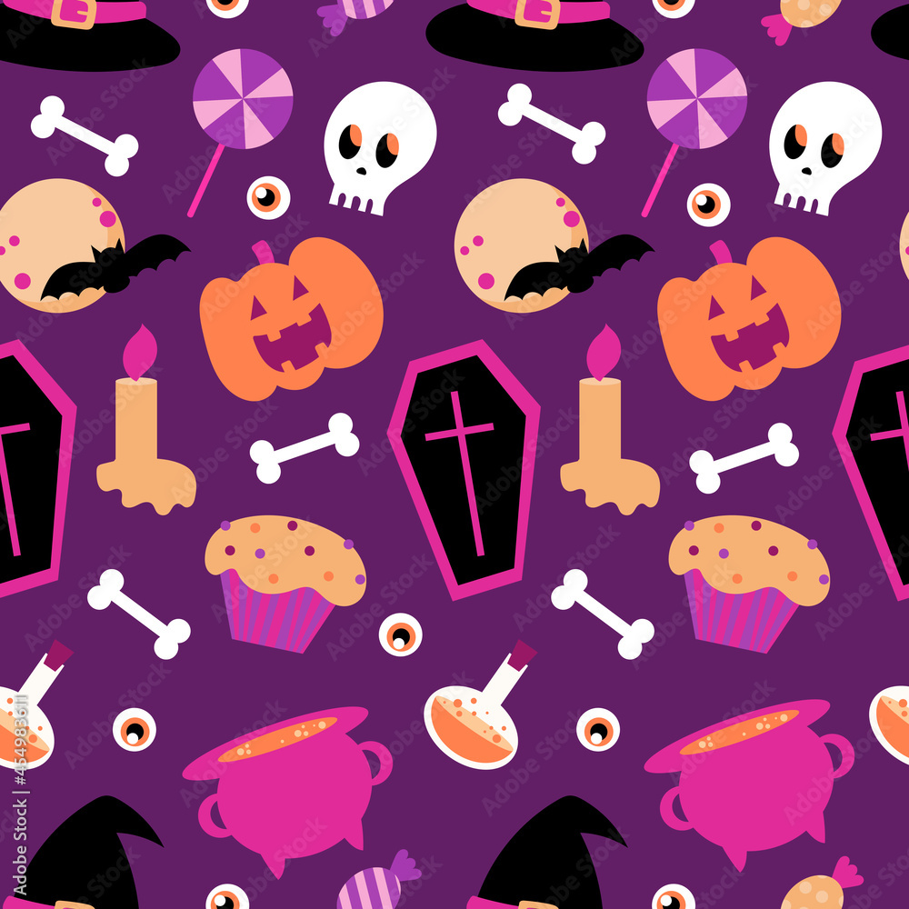 Halloween seamless pattern on a purple background. Cartoon seamless pattern. Endless texture for festive design
