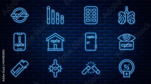 Set line Stop smoking, money saving, Hypnosis, Nicotine gum blister pack, No at home, area and Smoking cigarette icon. Vector