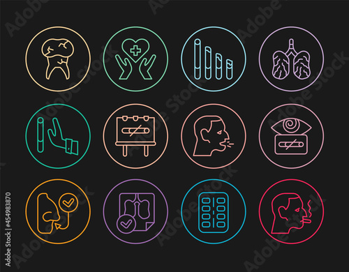 Set line Man smoking a cigarette, Hypnosis, Smoking, No, Giving up, Tooth with caries, coughing and Heart cross icon. Vector