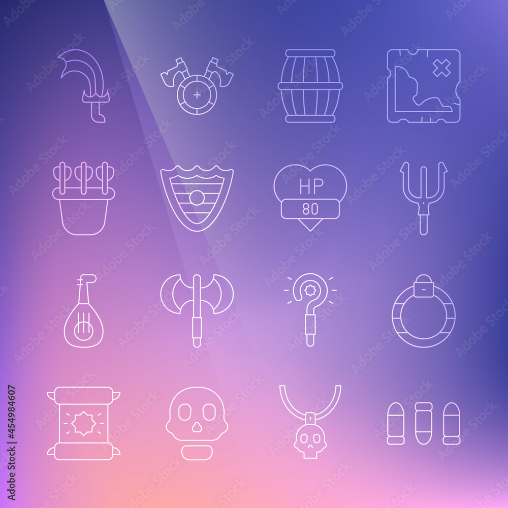 Set line Bullet, Magic stone ring, Neptune Trident, Gun powder barrel, Shield, Quiver with arrows, Sword for game and Video icon. Vector Set line Bullet, Magic stone ring, Neptune Trident, Gun powder barrel, Shield, Quiver with arrows, Sword for game and Video icon. Vector