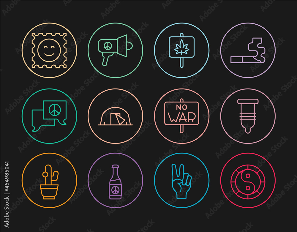 Set line Yin Yang symbol, Condom, Marijuana, Tourist tent, Speech bubble chat, LSD acid mark, No war and Megaphone icon. Vector Set line Yin Yang symbol, Condom, Marijuana, Tourist tent, Speech bubble chat, LSD acid mark, No war and Megaphone icon. Vector