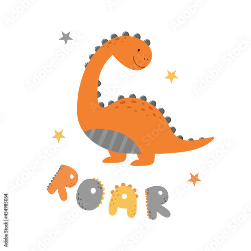 A poster with a cute dinosaur. A card for children. Vector illustration. Roar