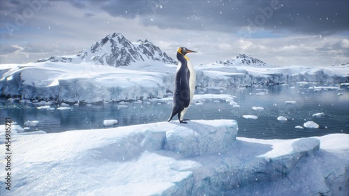 An emperor penguin stands in the middle of a snowstorm on a glacier and admires the sea. Huge high glaciers in winter natural conditions. 3D Rendering.