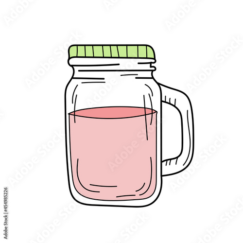 Hand drawn red lemonade in a glass jar. Vector on white background. Fresh summer drink