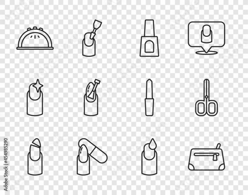 Set line Broken nail, Cosmetic bag, Bottle of polish, Nail file, Manicure lamp, manicure, and scissors icon. Vector
