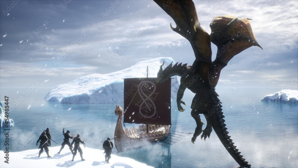 Φωτογραφία Fearless Vikings fight the dragon next to their drakkar