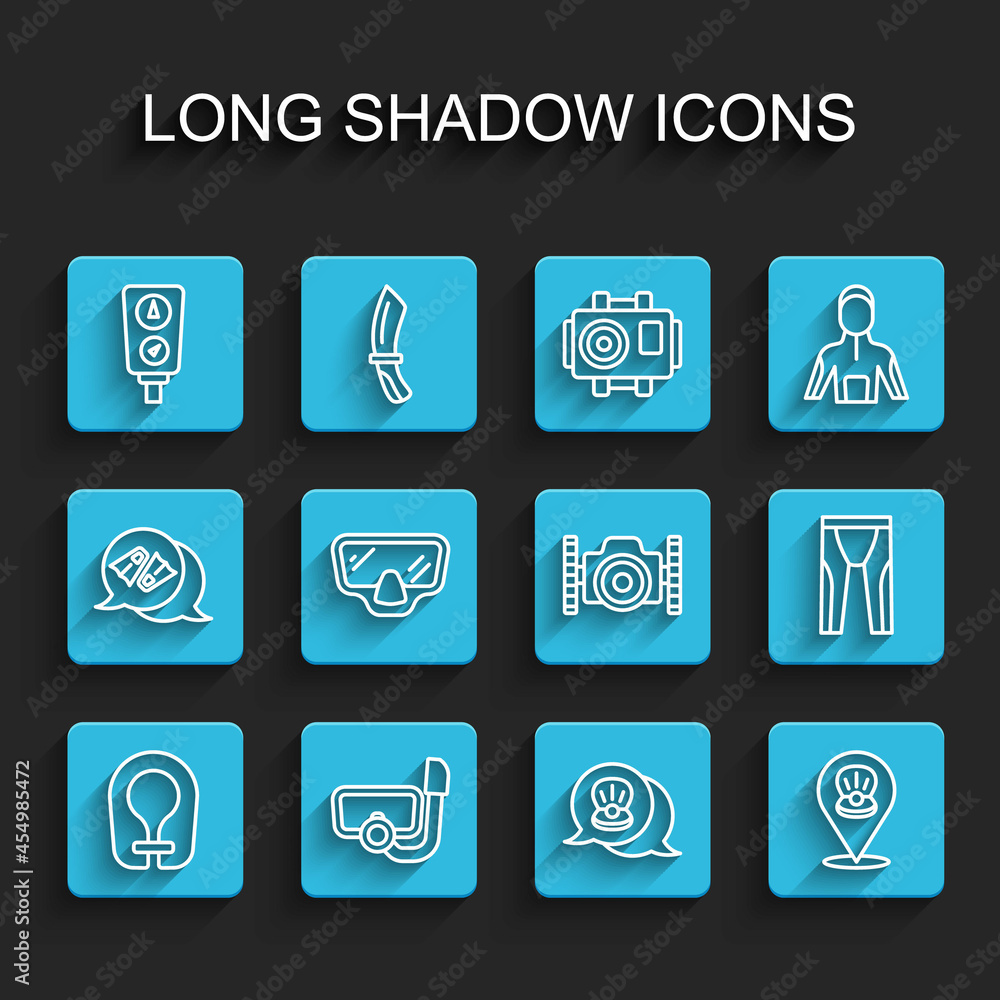 Set line Life jacket, Diving mask with snorkel, Gauge scale, Scallop sea shell, Wetsuit for scuba diving and Photo camera diver icon. Vector Set line Life jacket, Diving mask with snorkel, Gauge scale, Scallop sea shell, Wetsuit for scuba diving and Photo camera diver icon. Vector