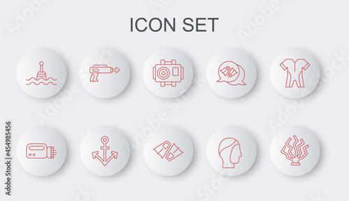 Set line Coral, Flashlight for diver, Photo camera, Diving hood, Floating buoy, Fishing harpoon, Anchor and Flippers swimming icon. Vector