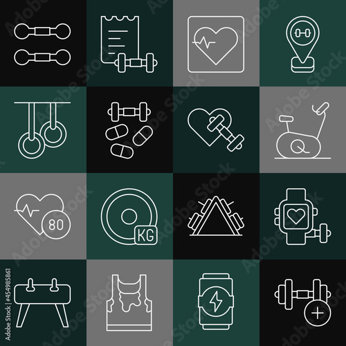 Set line Dumbbell, Smart watch with heart, Stationary bicycle, Heart rate, Sports doping dumbbell, Gymnastic rings, and icon. Vector