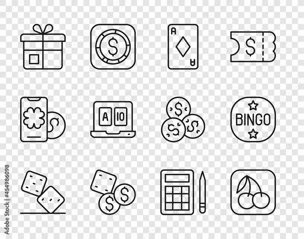 Set line Game dice, Slot machine with cherry, Playing card diamonds, Gift box, Online poker table game, Bingo and icon. Vector Set line Game dice, Slot machine with cherry, Playing card diamonds, Gift box, Online poker table game, Bingo and icon. Vector