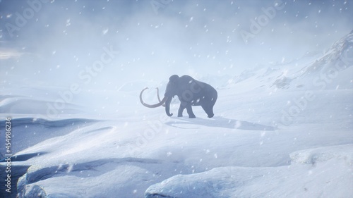 A huge mammoth is walking along a snow-covered glacier. Huge high glaciers in winter natural conditions. Arctic winter landscape. 3D Rendering.