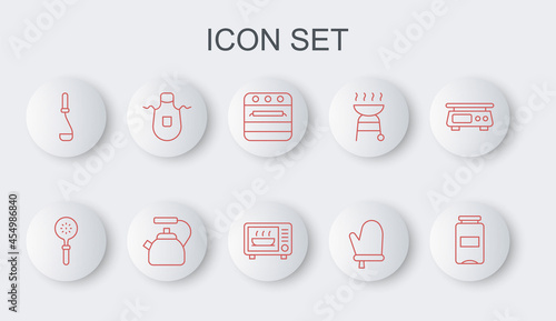 Set line Jam jar, Spatula, Oven, glove, Kitchen ladle, apron, Kettle with handle and Microwave oven icon. Vector