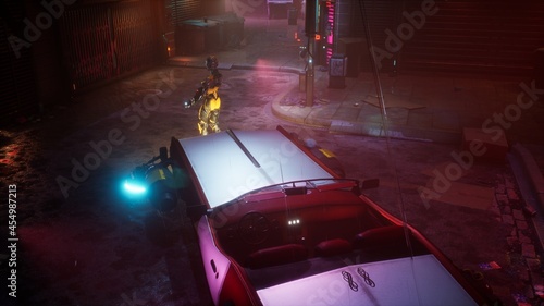 A cyber-security guard stands on a rainy street in a neon city and watches out for order. The rainy street of the city of the future. 3D Rendering photo