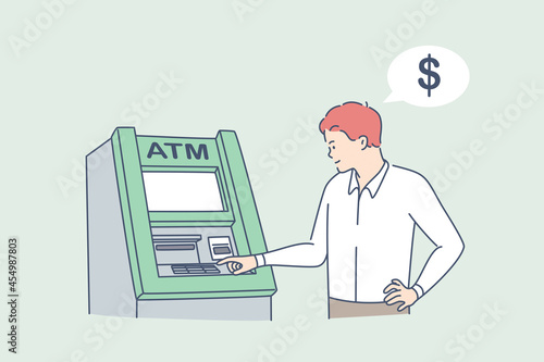 Withdrawing money on atm concept. Young man standing entering pincode on atm machine for getting money cash vector illustration 
