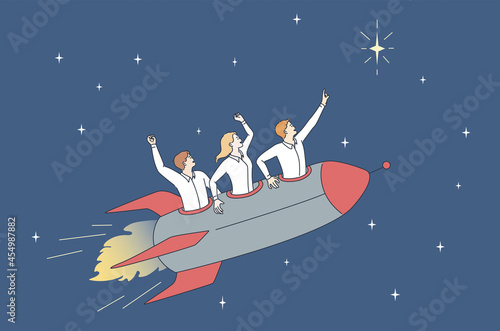 Teamwork, business success and development concept. Group of Young men workers cartoon characters riding on rocket to stars meaning success and achievement concept vector illustration 