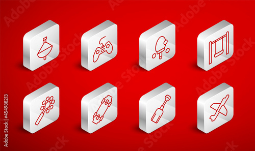 Set line Toy plane, Gamepad, Racket, Swing, Shovel toy, Whirligig, Skateboard and Rattle baby icon. Vector