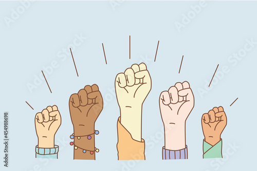 Equal rights and stop racism concept. Hands of mixed race people group showing fists meaning equality and stop discrimination vector illustration 