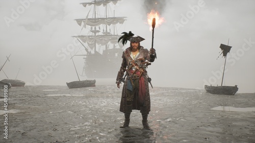 A pirate walks with a torch on a misty deserted island. The man was created using 3D computer graphics. 3D rendering. The concept of maritime adventure. The image is ideal for pirate backgrounds. photo