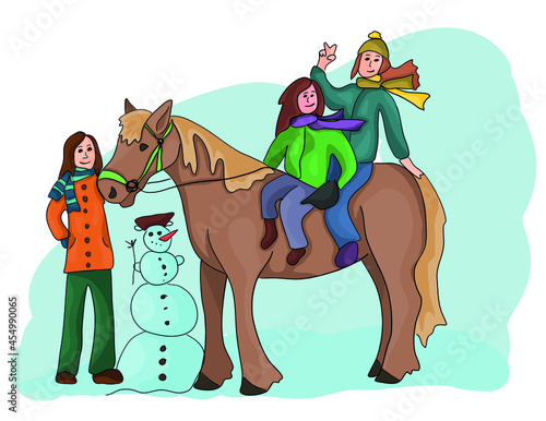 Colored vector illustration - winter horse time, girls and a snowman
