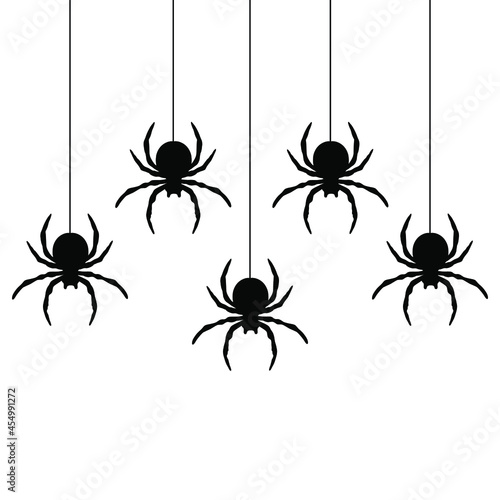 Black spiders hanging on a web.  Vector illustration. © Karine