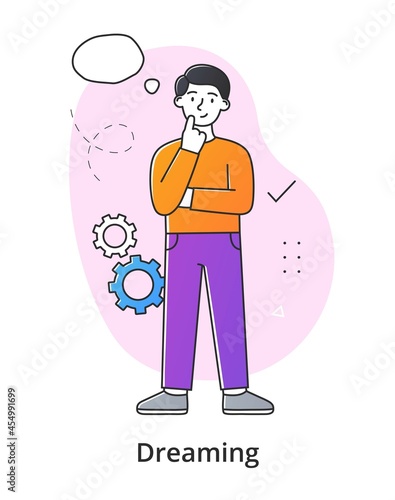Young male character dreaming on white background. Concept of smiling thoughtful young men and women working and relaxing at home. Dreamy people with thought bubble. Flat cartoon vector illustration