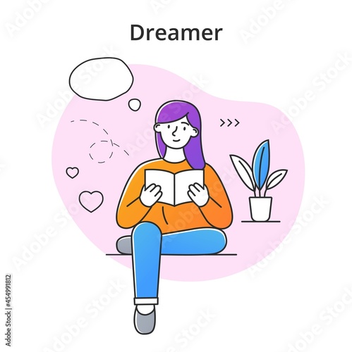 Young female character dreaming while reading book. Concept of smiling thoughtful young men and women working and relaxing at home. Dreamy people with thought bubble. Flat cartoon vector illustration