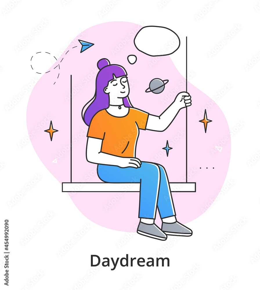 Young female character is dreaming on swings. Concept of smiling thoughtful young men and women working and relaxing at home. Dreamy people with thought bubble. Flat cartoon vector illustration Young female character is dreaming on swings. Concept of smiling thoughtful young men and women working and relaxing at home. Dreamy people with thought bubble. Flat cartoon vector illustration