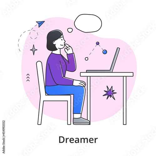 Young female character dreaming while working. Concept of smiling thoughtful young men and women working and relaxing at home. Dreamy people with thought bubble. Flat cartoon vector illustration