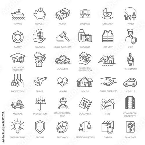 Insurance - outline icon set  vector  simple thin line icons collection