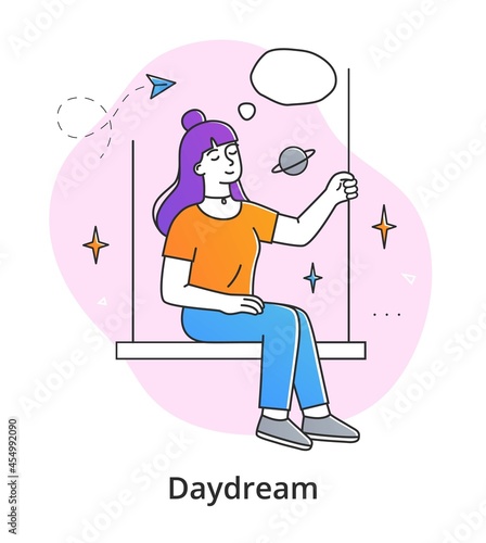 Young female character is dreaming on swings. Concept of smiling thoughtful young men and women working and relaxing at home. Dreamy people with thought bubble. Flat cartoon vector illustration