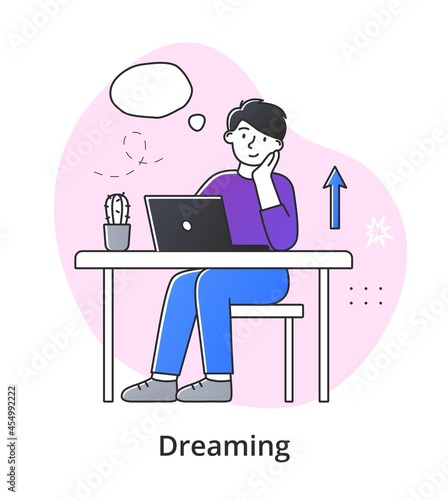 Young female character dreaming while working. Concept of smiling thoughtful young men and women working and relaxing at home. Dreamy people with thought bubble. Flat cartoon vector illustration