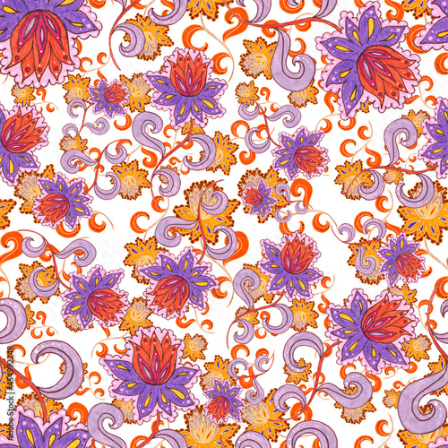 Watercolor seamless pattern with flowers and leaves in ethnic style. Floral decoration. Traditional paisley pattern. Textile design texture.Tribal ethnic vintage seamless pattern. © Natallia Novik