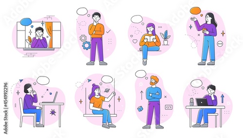 Set of dreaming male and female characters on white background. Smiling thoughtful young men and women working and relaxing at home. Dreamy people with thought bubble. Flat cartoon vector illustration