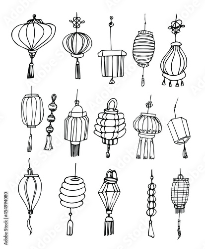 Chinese Paper Lantern Festival Vector Clip Art Illustration. Big doodle set with different flashlights.