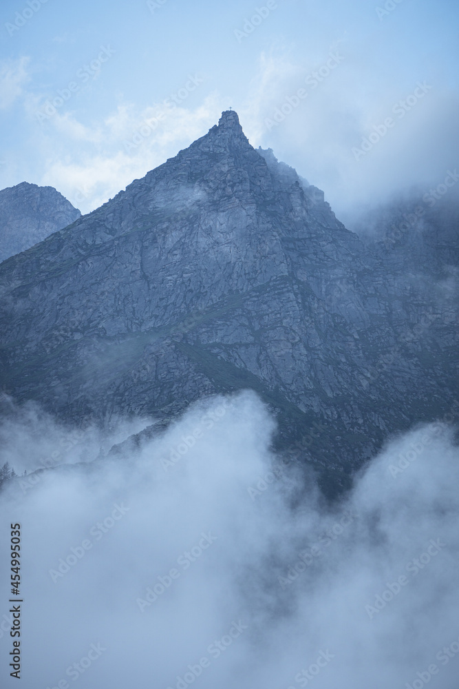 Some mountains of the Anzasca Valley, in the Italian Alps, just after a summer storm near the town of Macugnaga, Italy - June 2021.