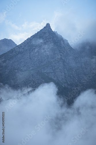 Some mountains of the Anzasca Valley, in the Italian Alps, just after a summer storm near the town of Macugnaga, Italy - June 2021.