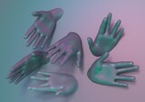 Surrealistic 3d illustration of holographic chromium hands emerging and appearing from a wall. Concept of psychological problems and fears.