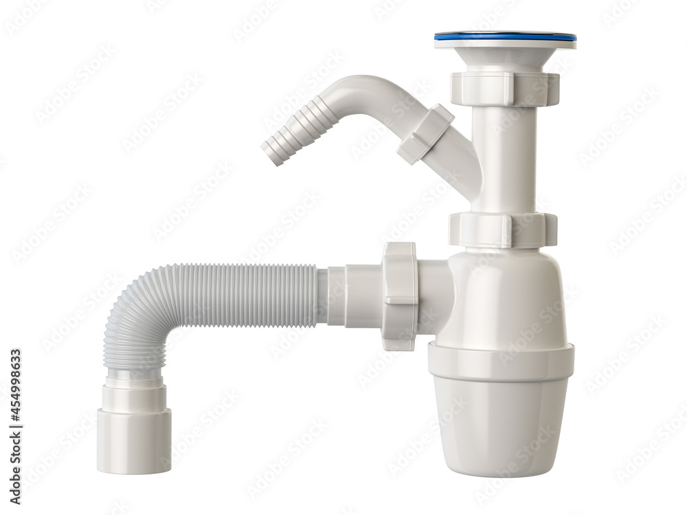 Siphon with bottle trap and pvc plastic pipes for sinks isolated on white. Siphon with bottle trap and pvc plastic pipes for sinks isolated on white.