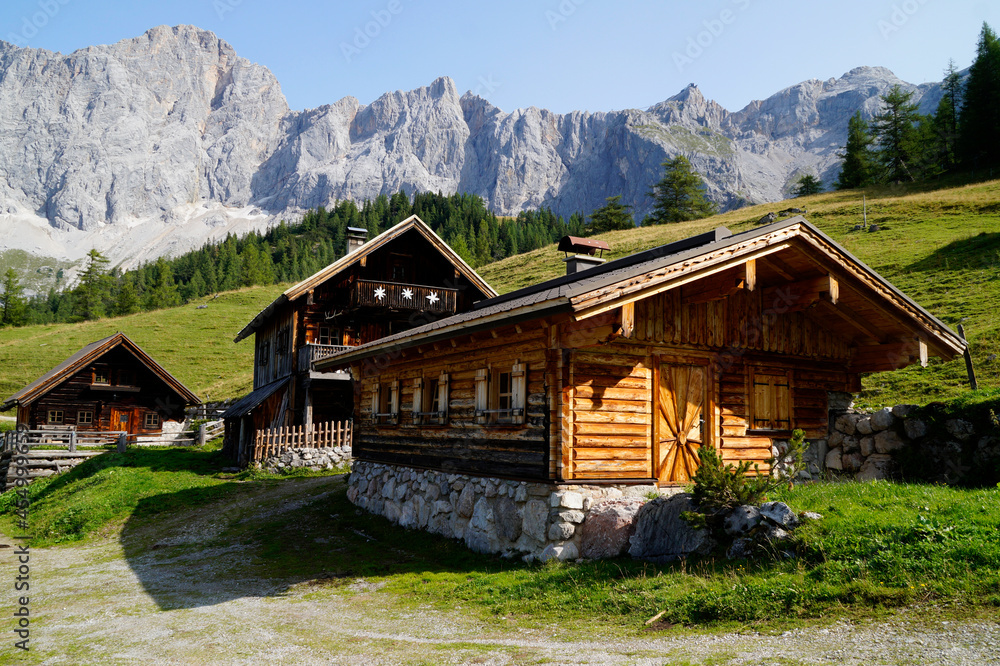 traditional rustic wooden cabins in the Austrian Alps of the Schaldming-Dachstein region (Austria)