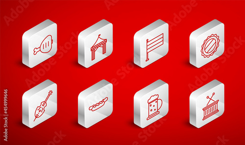 Set line Musical drum and sticks, Camping tent, National Germany flag, Bottle cap, Wooden beer mug, Chicken leg, Hotdog sandwich and Violin icon. Vector