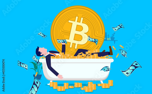 Bitcoin millionaire - Man in bathtub getting rich after investing in crypto currencies. Vector illustration