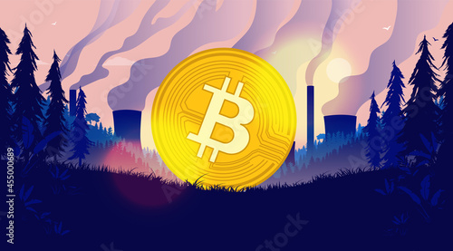 Bitcoin pollution - Illustration about the debate of energy usage in crypto currency and environmental impact. Vector.