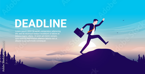 Deadline vector illustration - Businessman running late trough landscape with sunrise in background. Copy space for text. © Knut