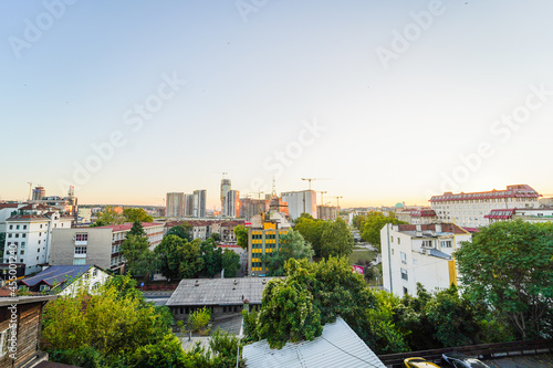 Belgrade cityscape panorama during late summer evening looking at the new waterfront development and new buildings construction