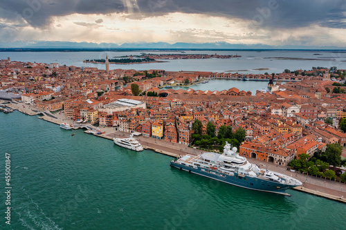 Venice lagoon aerial view with luxury yachts docked near Venice center. Beautiful aerial Venice view.