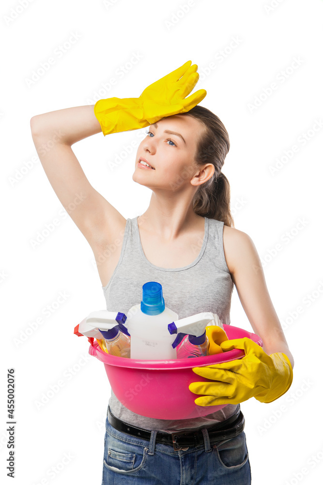 beautiful woman in gloves with basin over white beautiful woman in gloves with basin over white