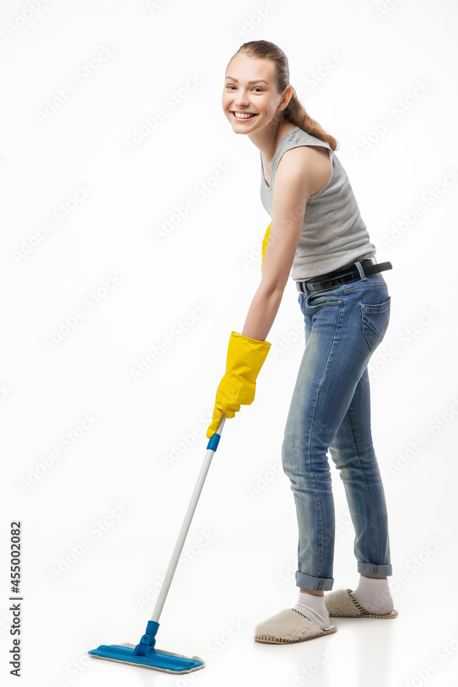beautiful young woman cleaning floor with mop beautiful young woman cleaning floor with mop