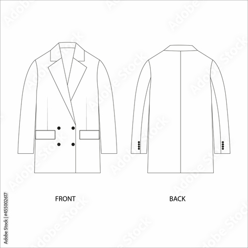 Blazer design template. Women's jacket vector. Four-button double-breasted blazer. Men's blazer technical sketch. Jacket outline vector.