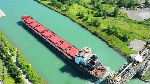 Aerial scene of a Lake Freighter travelling in the Welland Canal, Canada 4K